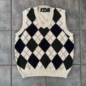 Men's Argyle cream Sweater Vest - navy green burgundy size large